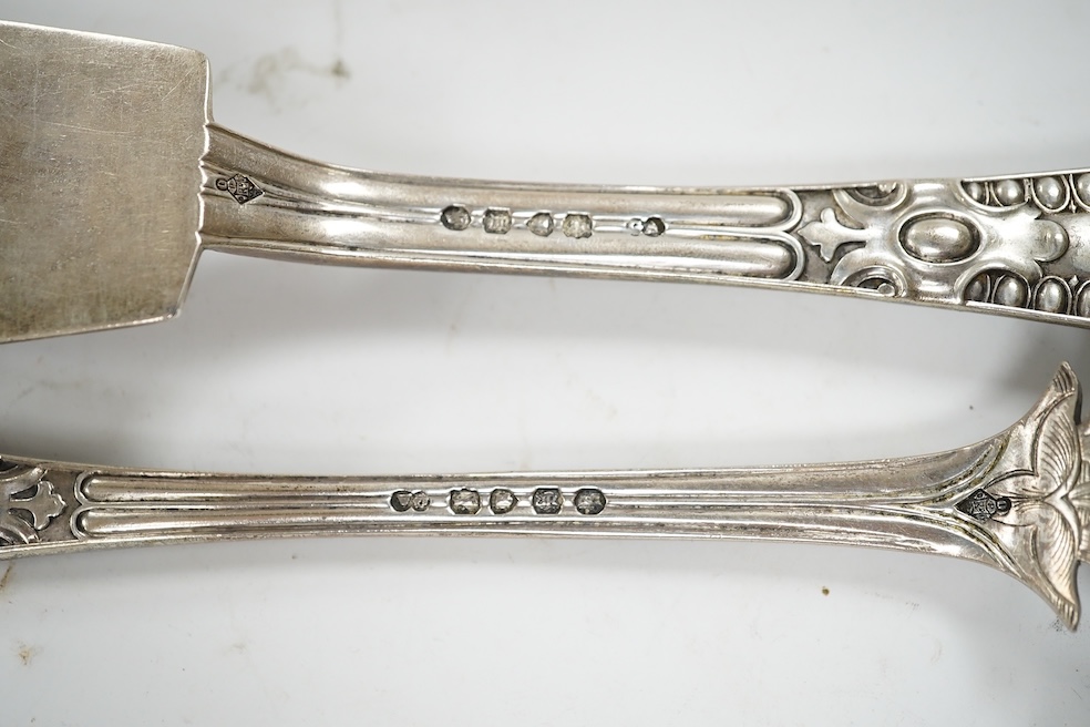 A cased pair of Victorian silver fish servers, by George Adams, indistinct marks, knife 32.7cm, 11oz. Condition - fair